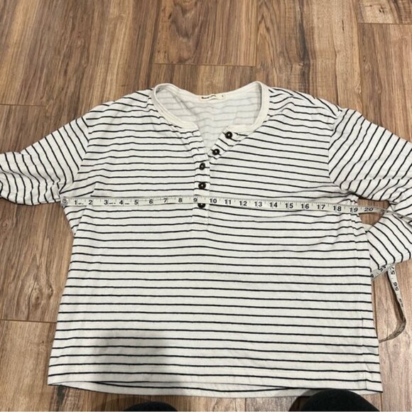 Marine Layer Double Knit Carter Henley Long Sleeve Top in White/Black Stripe - Picture 7 of 9